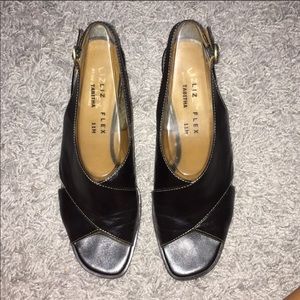 Black leather wedge heels